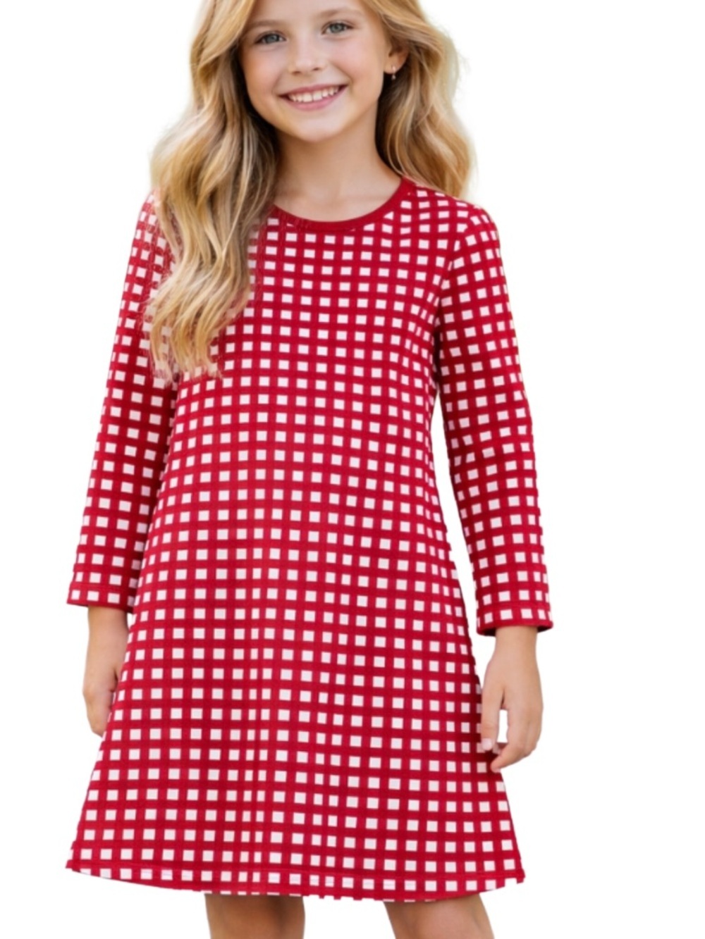 Hanna Anderson Girls Red and White Check Knit A-Line Dress . Size 8